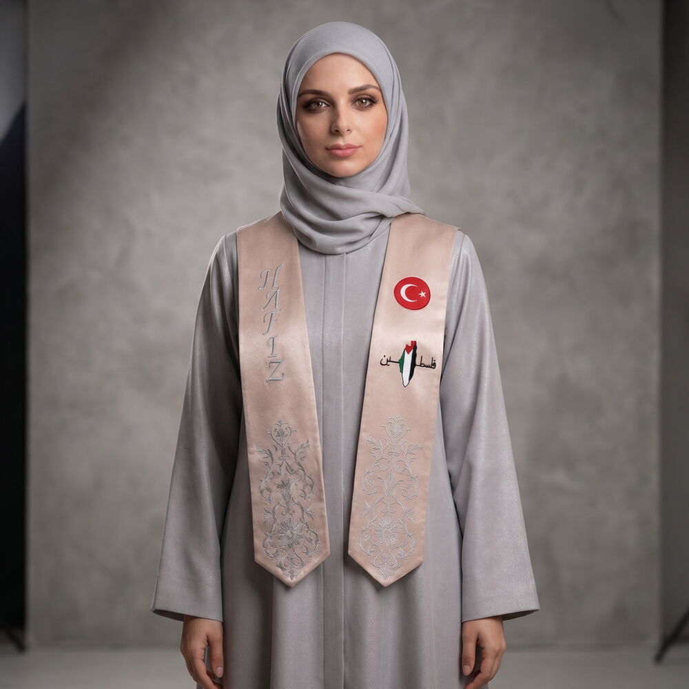 Hafızlık İcazet Atkısı Türk Filistin Logo İşlemeli Gümüş Nakışlı Atkı-Vizon