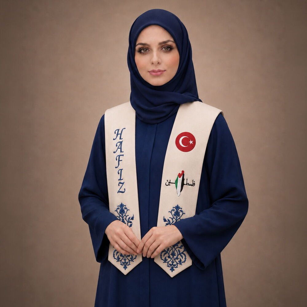 Hafızlık İcazet Merasim Atkısı Lacivert Nakış ve Filistin,Türkiye Bayrak İşlemeli- Krem