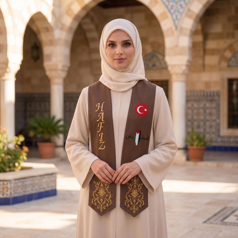 Hafızlık İcazet Merasim Atkısı Gold Nakış ve Filistin,Türkiye Bayrak İşlemeli- Kahverengi