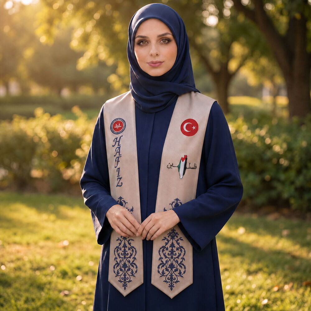 Hafızlık İcazet Merasim Atkısı Türkiye-Filistin-Diyanet Bayrak İşlemeli,Lacivert Nakışlı-Vizon