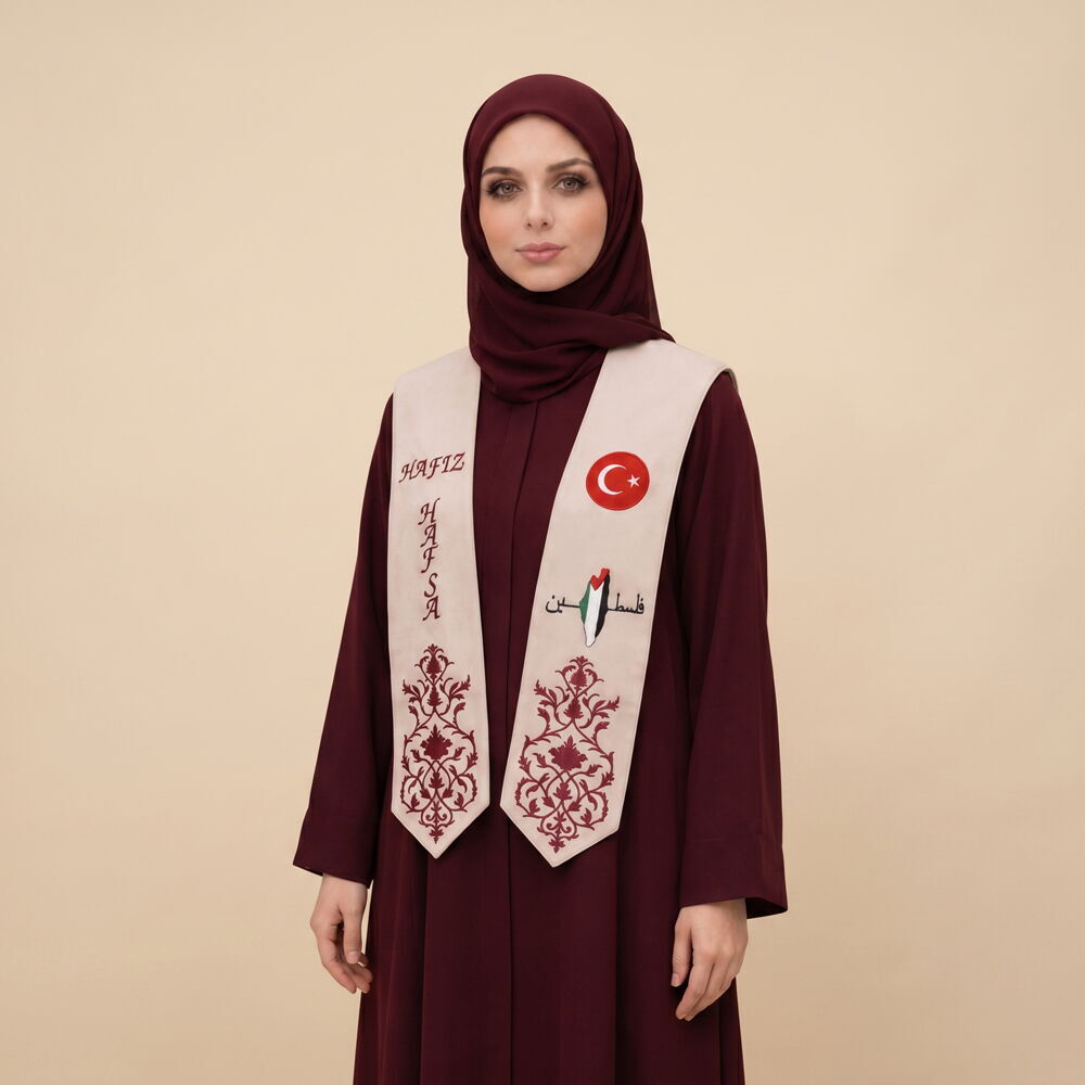 Hafızlık İcazet Merasim Atkısı İsme Özel - Filistin ve Türk Bayraklı - Bordo Nakış İşlemeli -Krem