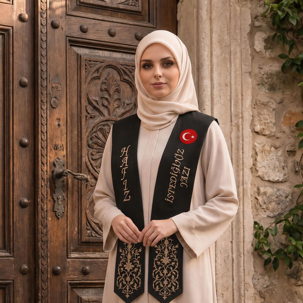Hafızlık İcazet Merasim Atkısı Türk Bayraklı-İsme Özel Vizon Nakışlı-Siyah