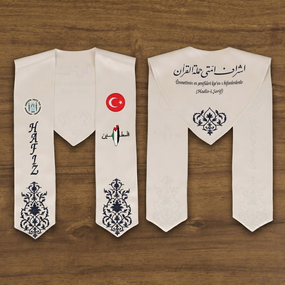Hafızlık İcazet Atkısı Türk Filistin Bayrağı ve Kurs Logusu İşlemeli Lacivert Nakışlı-Krem