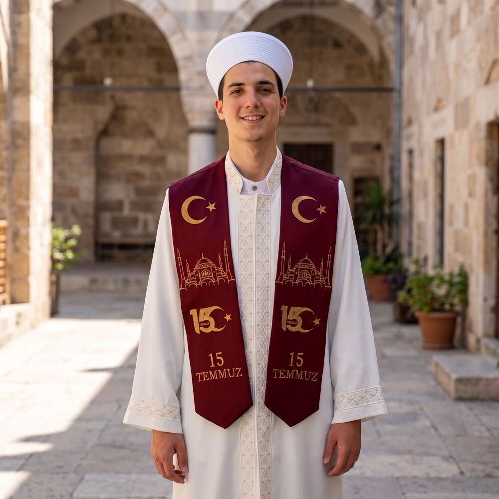 15 Temmuz 2026 253 Hafız Ayasofya Buluşması Bordo Gold Nakışlı Hafızlık İcazet Merasim Atkısı