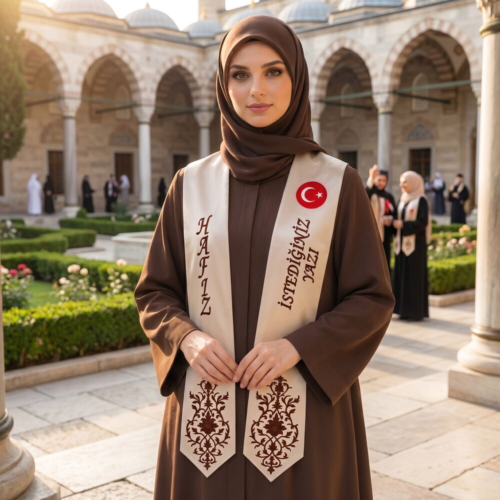 Hafızlık İcazet Merasim Atkısı Türk Bayraklı-İsme Özel Koyu Kahve Nakışlı-Vizon