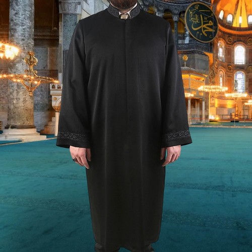  Lüks Mihrab İmam Cübbesi Siyah Sadece Kol ve Yakada Nakışlı