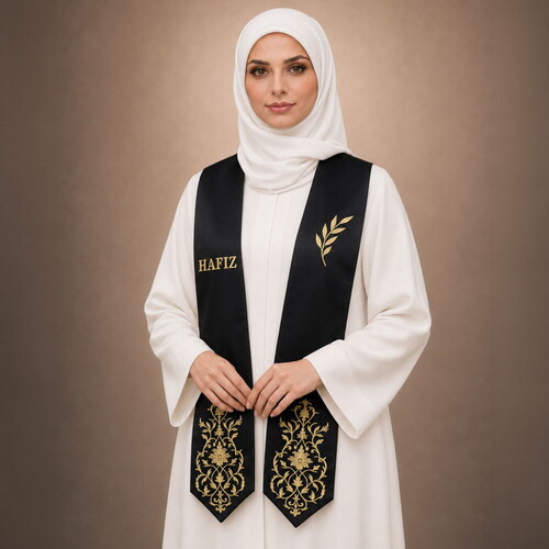 Hafızlık İcazet Merasim Atkısı Gold Yaprak İşlemeli Siyah