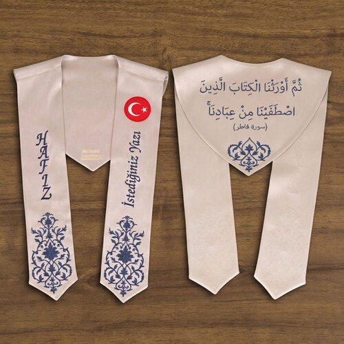  Hafızlık İcazet Merasim Atkısı Türk Bayraklı-İsme Özel Lacivert Nakışlı-Vizon