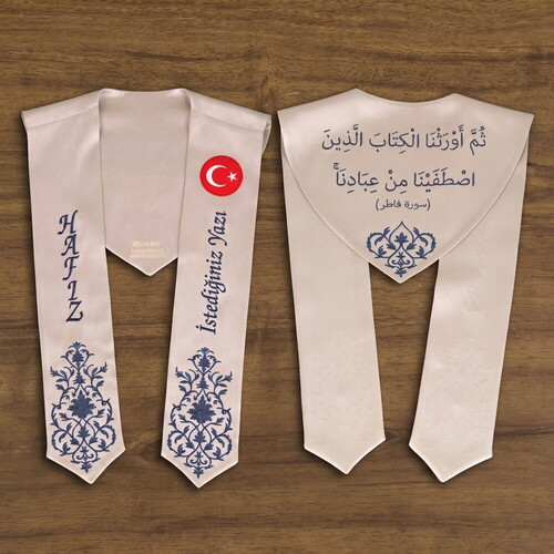 Hafızlık İcazet Merasim Atkısı Türk Bayraklı-İsme Özel Lacivert Nakışlı-Vizon
