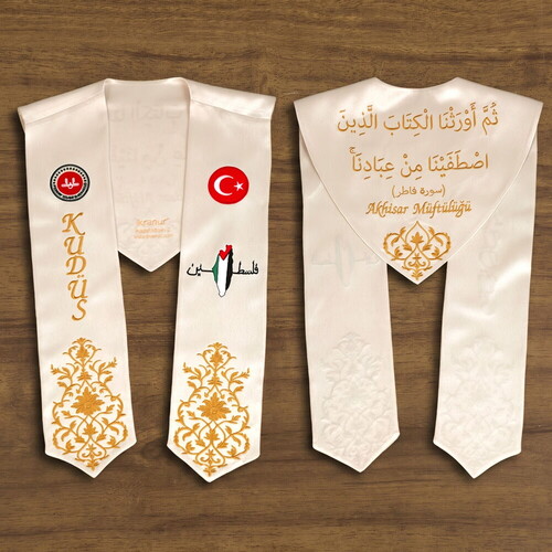 Hafızlık İcazet Atkısı Türk-Filistin-Diyanet Kursa Özel Gold Nakışlı-Krem