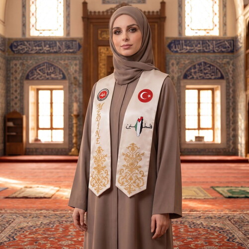 Hafızlık İcazet Atkısı Türk-Filistin-Diyanet Kursa Özel Gold Nakışlı-Krem