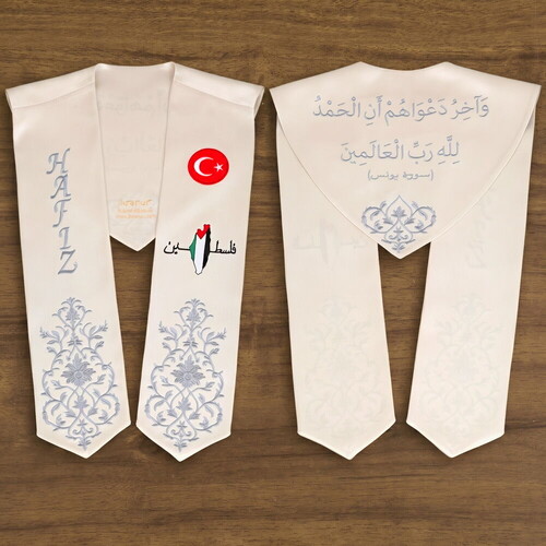 Hafızlık İcazet Atkısı Türk Filistin Bayrak İşlemeli Gümüş Nakış-Krem