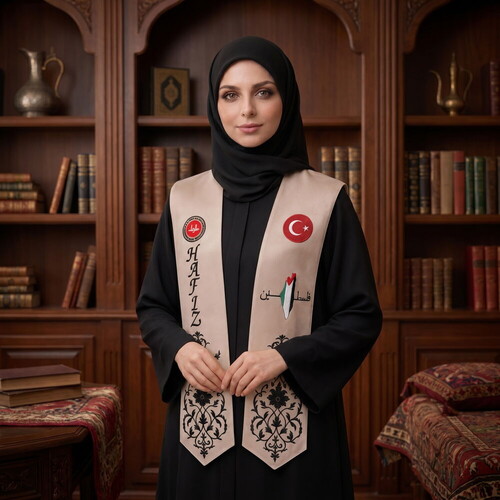 Hafızlık İcazet Merasim Atkısı Türk-Filistin-Diyanet Bayrak İşlemeli,Siyah Nakışlı-Vizon