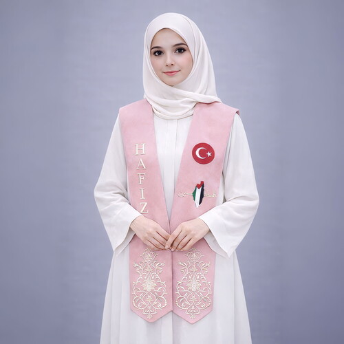 Bayan Hafızlık İcazet Merasimi Çocuk Ferace Abaya Krem Renk Elbise + Pembe Atkı