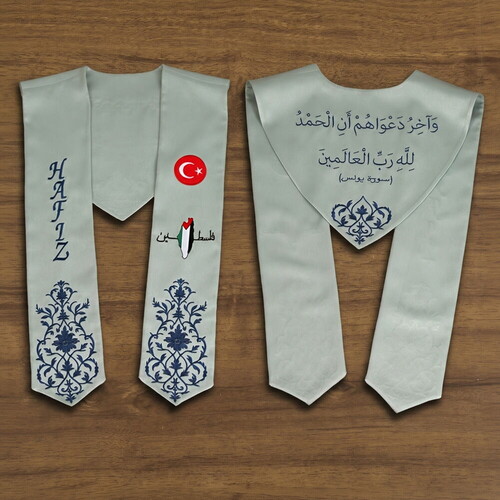Hafızlık İcazet Atkısı Türk Filistin Bayrak İşlemeli Lacivert Nakışlı-Su Yeşili