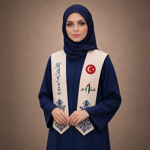 Hafızlık İcazet Merasim Atkısı Lacivert Nakış ve Filistin,Türkiye Bayrak İşlemeli- Krem