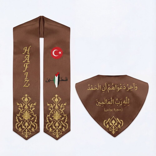 Hafızlık İcazet Merasim Atkısı Gold Nakış ve Filistin,Türkiye Bayrak İşlemeli- Kahverengi