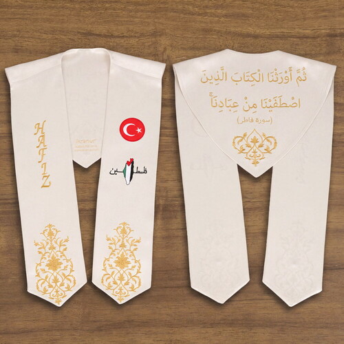 Hafızlık İcazet Merasim Atkısı Türkiye ve Filistin Bayrak İşlemeli Gold Nakışlı-Krem