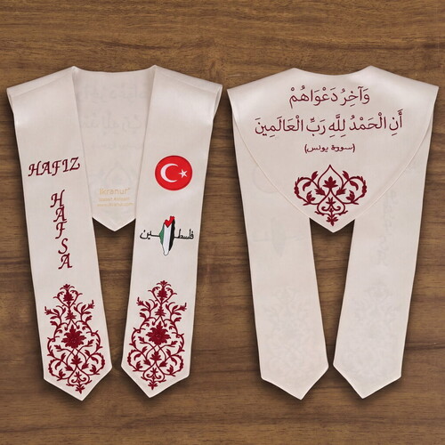 Hafızlık İcazet Merasim Atkısı İsme Özel - Filistin ve Türk Bayraklı - Bordo Nakış İşlemeli -Krem