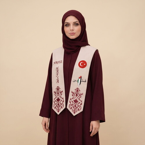 Hafızlık İcazet Merasim Atkısı İsme Özel - Filistin ve Türk Bayraklı - Bordo Nakış İşlemeli -Krem