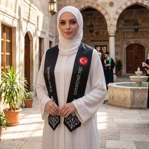 Hafızlık İcazet Merasim Atkısı Türk Bayraklı-İsme Özel Beyaz Nakışlı-Siyah