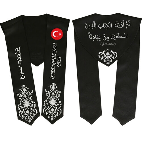 Hafızlık İcazet Merasim Atkısı Türk Bayraklı-İsme Özel Beyaz Nakışlı-Siyah