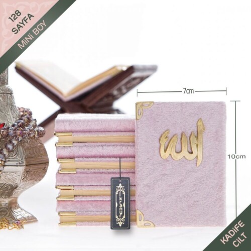 Kadife Kaplı Yasin Kitabı (Mini Boy 7×10, 128 Sayfa) Allah Lafızlı-Pembe