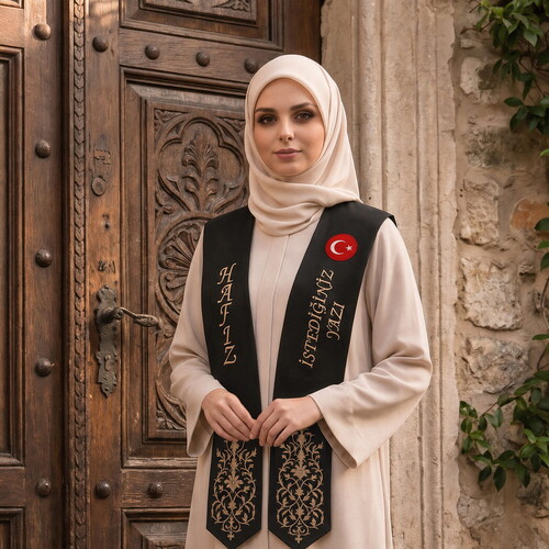 Hafızlık İcazet Merasim Atkısı Türk Bayraklı-İsme Özel Vizon Nakışlı-Siyah