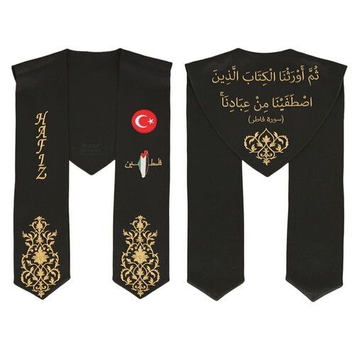  Hafızlık İcazet Atkısı Türk Filistin Bayrak İşlemeli Gold Nakış-Siyah