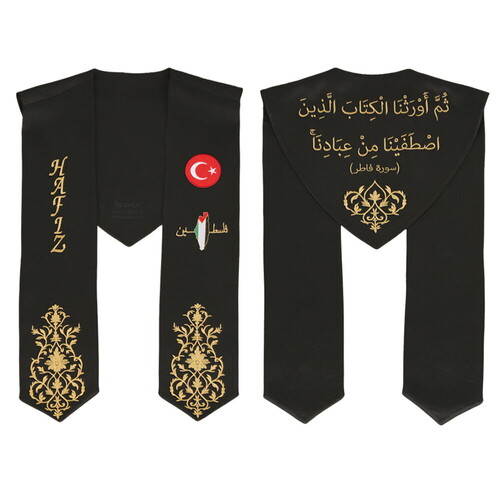 Hafızlık İcazet Atkısı Türk Filistin Bayrak İşlemeli Gold Nakış-Siyah