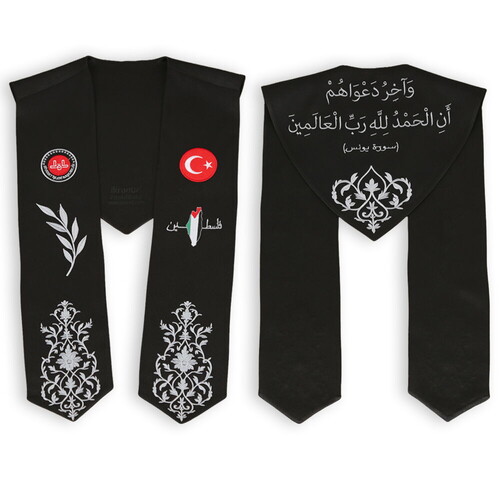 Hafızlık İcazet Atkısı Türk-Filistin Bayrak Yaprak İşlemeli Beyaz Nakış-Siyah