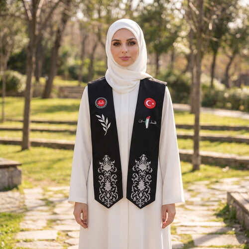 Hafızlık İcazet Atkısı Türk-Filistin Bayrak Yaprak İşlemeli Beyaz Nakış-Siyah