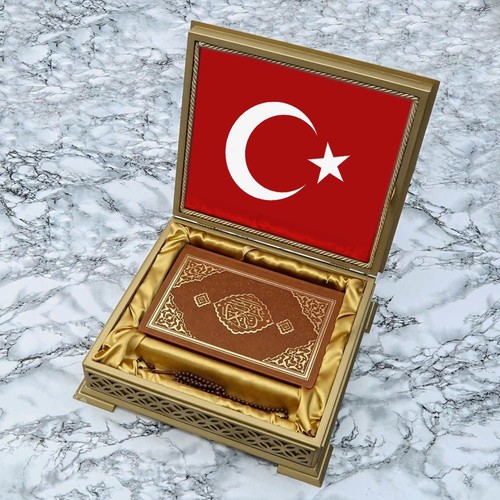 Türk Bayraklı Ahşap Kutulu Kuran-ı Kerim Tesbih Seti