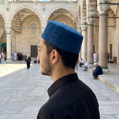  Lüks Kadife Keçeli Takke Nakışlı İndigo