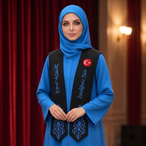 Hafızlık İcazet Merasim Atkısı Türk Bayraklı-İsme Özel İndigo Nakışlı -Siyah