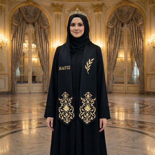 Hafızlık İcazet Merasim Bayan Aişe Ferace Abaya Siyah Elbise  Kol Nakışlı