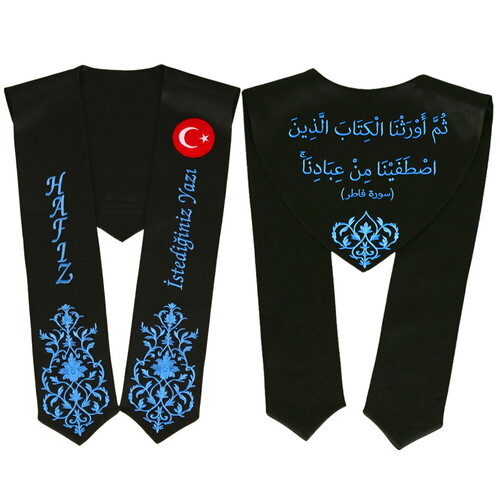 Hafızlık İcazet Merasim Atkısı Türk Bayraklı-İsme Özel İndigo Nakışlı -Siyah