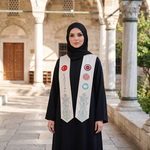 Hafızlık İcazet Atkısı Türk-Diyanet-Meb Logo İşlemeli Kursa Özel Su Yeşili Nakışlı-Krem