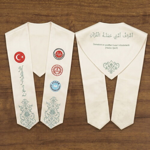 Hafızlık İcazet Atkısı Türk-Diyanet-Meb Logo İşlemeli Kursa Özel Su Yeşili Nakışlı-Krem