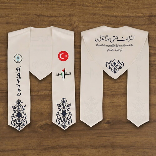 Hafızlık İcazet Atkısı Türk Filistin Bayrağı ve Kurs Logusu İşlemeli Lacivert Nakışlı-Krem