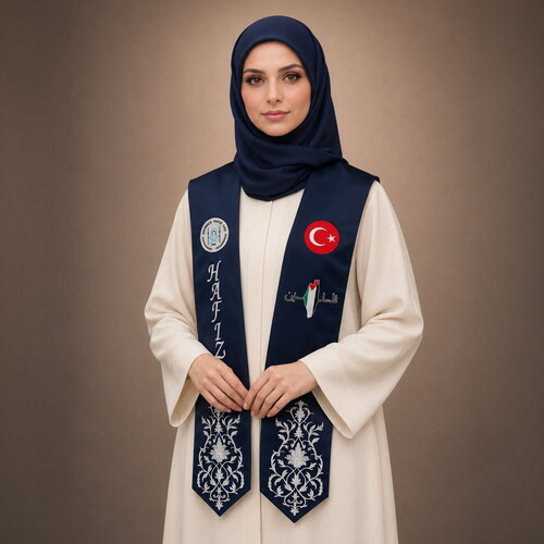 Hafızlık İcazet Atkısı Türk Filistin Bayrağı ve Kurs Logusu İşlemeli Beyaz Nakışlı-Lacivert