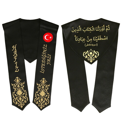 Hafızlık İcazet Merasim Atkısı Türk Bayraklı-İsme Özel Gold Nakışlı-Siyah