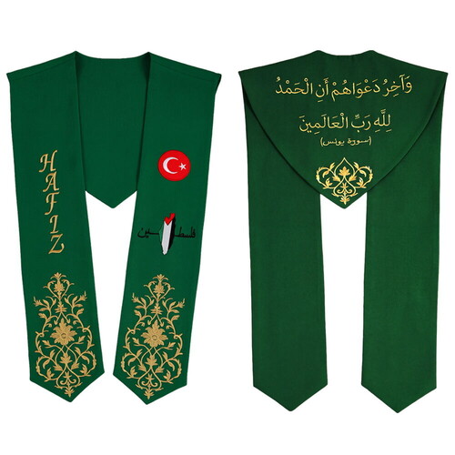 Hafızlık İcazet Merasim Atkısı Türk Filistin Bayraklı Nakışlı-Yeşil
